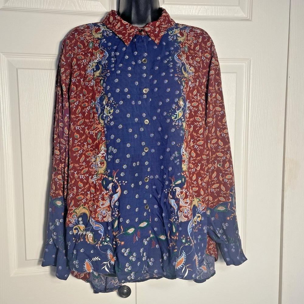 Ronnie Salloway Boho Shirt Women L Blue Red Floral Print Button‎ Down Rayon Top